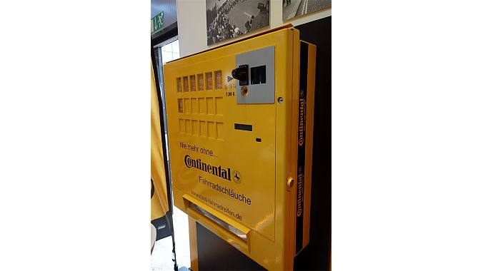 Continental's coin-operated innertube automat currently is available only in a version to accept euro coins, but the company said it could be modified to accept other currencies. Conti has sold a few hundred of them around Europe. Usually retailers set them up away from their stores, near trailheads or other spots. We can think of a few stretches of wilderness where such a machine would come in handy.