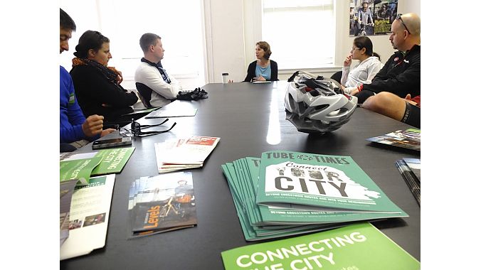 Leah Shahum, executive director of the SF Bicycle Coalition, updates the Dealer Tour crowd on issues and accomplishments in the Bay City.