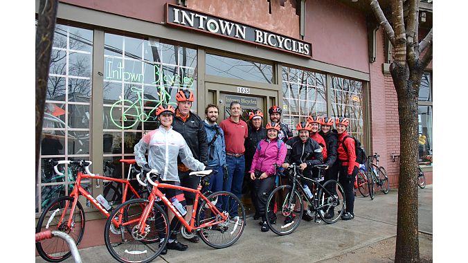 The group outside our first stop, Intown Bicycles.