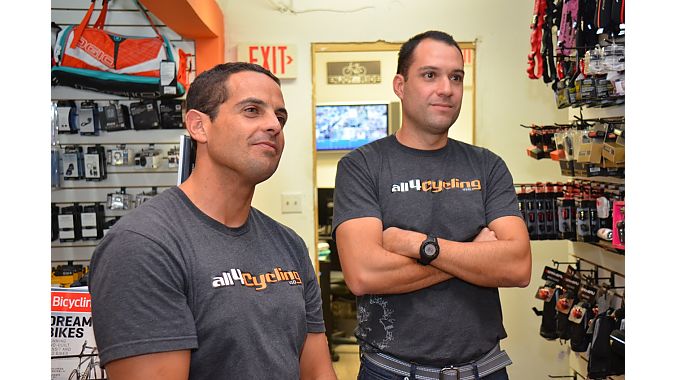 Juan Zambrano (left) and Pedro Navarro have been friends since boyhood and are two of the three partners in All4Cycling, one of the fastest growing retailers in Miami, with three locations and a fourth set to open soon. Navarro said the hardest part of starting a bike business as outsiders (both he and Juan Zambrano are engineers) was learning how to buy and place orders. They said sales reps pushed products without knowing what sells. They've since changed their selection from purely high-end to more mi
