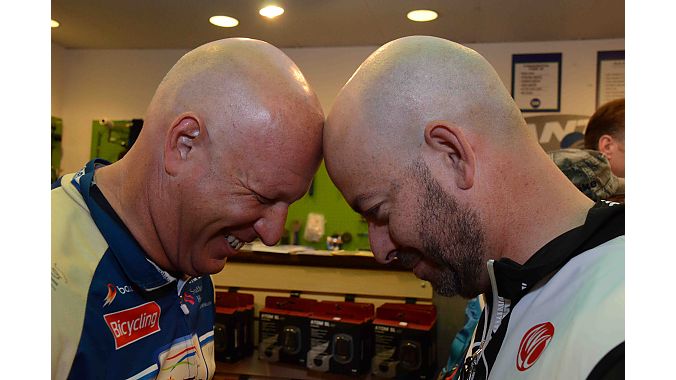 Hutchinson's Roy Hough and Interbike's Justin Gottlieb exchange shaving tips via a Vulcan Mind Meld.