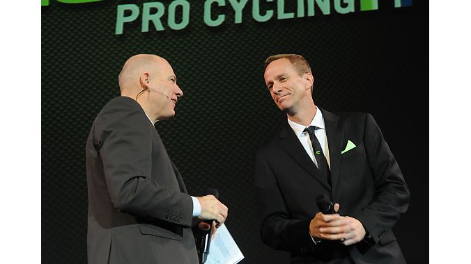 Bob Roll interviewing Cannondale GM Bob Burbank during a two-hour team presentation Saturday night in Hollywood