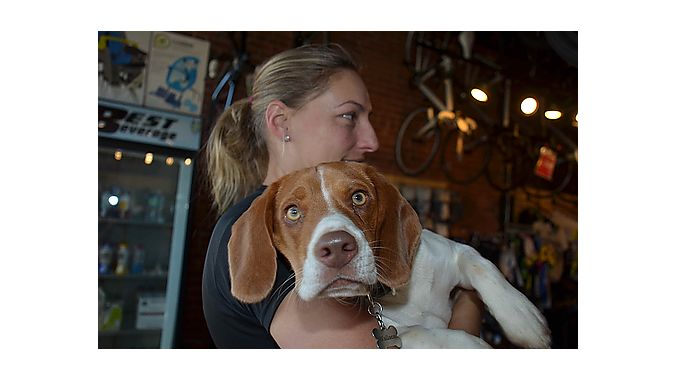 Karen Muehl, wife of Uptown Cycles owner Chris Sheehan, snuggles with Wallace, one of the retailer's two shop dogs. Wallace entertained the Dealer Tour crew with his playful antics during our visit Monday.