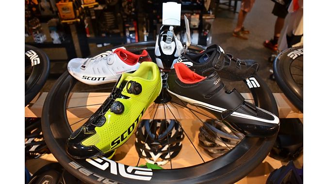Contender's shoe display caught our eye. It uses several wheels built up with some blemished carbon rims from local supplier Enve.  