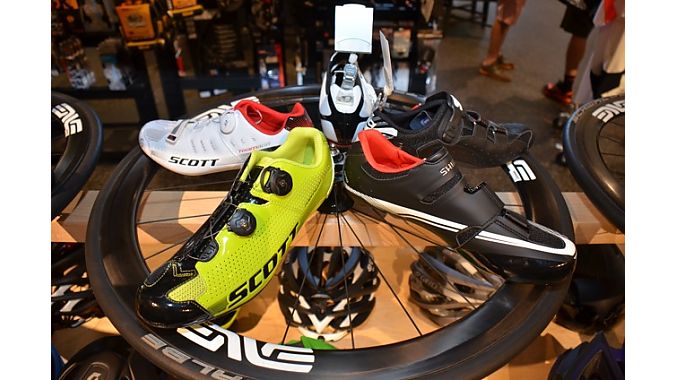 Contender's shoe display caught our eye. It uses several wheels built up with some blemished carbon rims from local supplier Enve.  
