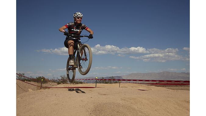Jamis team racer Erica Tingey gets some air at the Bell track