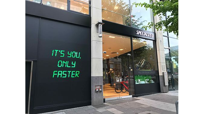 Specialized’s pop-up retail shop is located just off Düsseldorf’s busy Königsallee, where the Tour de France will start on July 1