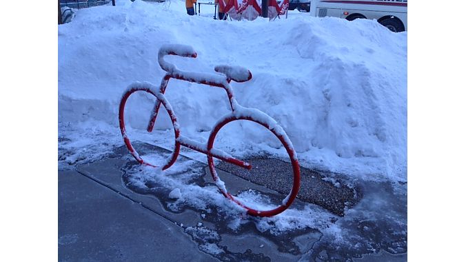 Frostybike: A rack in front of QBP headquarters greets attendees Saturday morning.