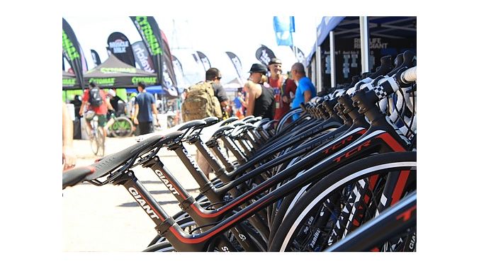 A row of Giant TCR road bikes, ready for testing.