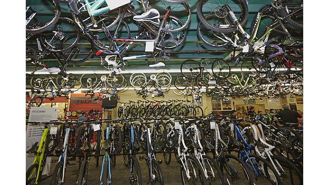 Much of Gregg's has 18-foot ceilings, allowing storage of many hundred built bikes.