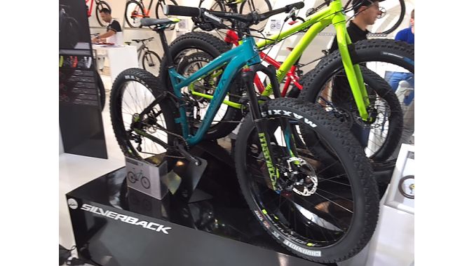 Silverback Technologies’ Square modular full-suspension bike can run three wheel sizes: “fat” (26-inch fat bike tires); “slimfat” (27.5-plus tires); and “slim” (29er). 