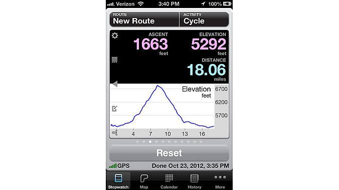 One of Cyclemeter's 'Stopwatch' screens