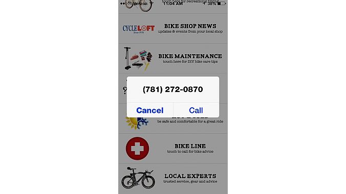 The "Bike Line" link brings up Cycle Loft's phone number.
