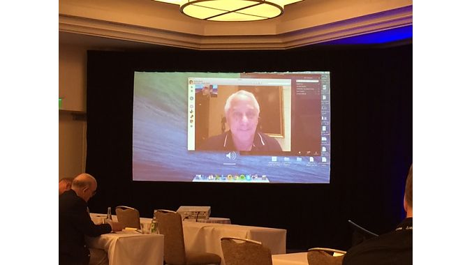 Tour de France champion Greg LeMond checked in on the conference via Skype after a family emergency prevented him from attending to deliver a keynote address.