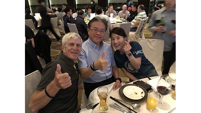 Specialized ‘s Bob Margevicius, Merida's president Michael Tseng and Velo's Ann Chen celebrate Velo’s 40th year in business anniversary at Velo’s traditional party before the TAIPEI Cycle show.