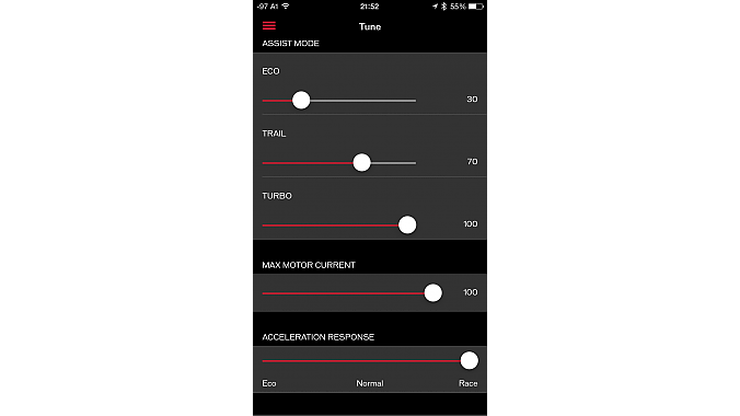 Riders can tune the motor's three assist modes through the Mission Control app. 