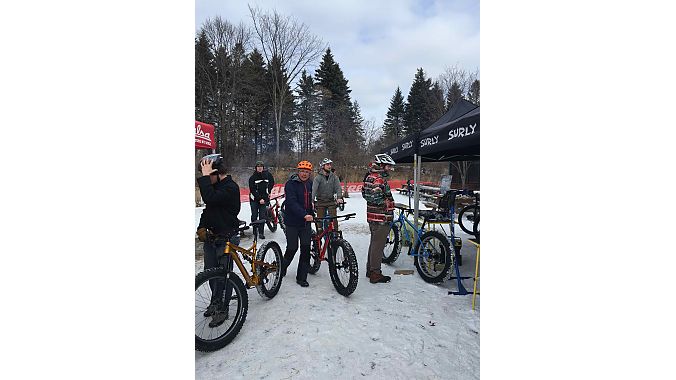 Retailers demo'ed fat bikes on a test track adjacent to the QBP headquarters in Bloomington, and participated in a first-ever biathlon event. The course included a wooden wall ride and other features and a tennis ball throwing target contest. 