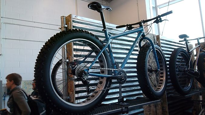 The Ice Cream Truck is a new fat bike platform for Surly. The chromoly rig has slacker geometry and more aggressive handling than Surly’s previous portlies, with a symmetrical rather than offset rear end, suspension-corrected fork and Surly’s O.D. 22/36T crankset. Set to deliver in June or July, the 5-inch-wide-tired Ice Cream Truck with SRAM hydro brakes and Shimano XT/Deore mix will retail for $2,750, while the 4-inch-tire “Ops” version with Avid BB7s and LX/Deore carries an MSRP of $2,450.