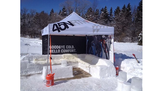 Putting the chill in chillax: QBP house brand 45NRTH set up this “ice couch” lounge next to the fat bike track.