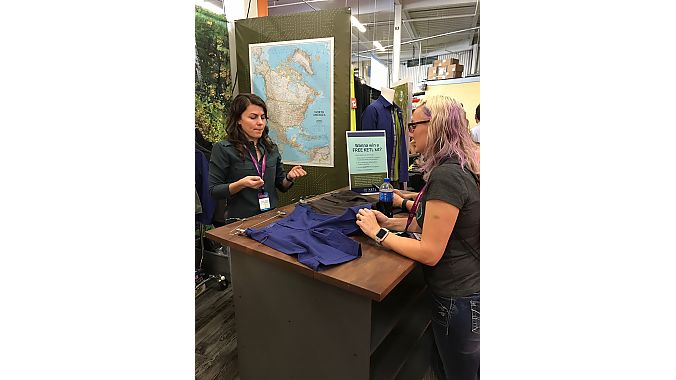 Lindsay Piper, product developer for QBP's newest brand, Ketl apparel, showed off its collection of simple, fashionable and functional mountain bike wear to St. Paul, Minnesota, retailer Alicia Vin Zant. 