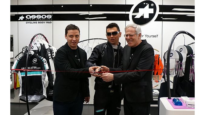 La Bicicletta Assos ProShop ribbon cutting (L to R: Heath Cockburn, store GM; Andrea Zamboni, Assos model; Henry Erlichman, La Bicicletta owner.)