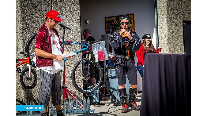  On his birthday last year, Andy Lightle (left) rallied industry and cyclists to raise money for the SoCal NICA league. Matt Gunnell (right) of the SoCal NICA league announced the lucky winner of an Intense Hard Eddy 29er.