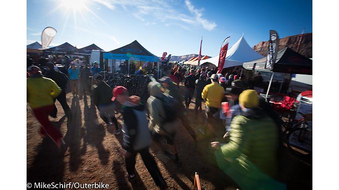 The rush is on: riders pour into the expo to get first dibs on their dream bike. Photo: Mike Schirf