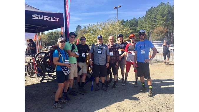 Part of the dozen-strong contingent North Carolina retailer Kent Cranford (center) of Motion Makers brought to the opening day of CycloFest