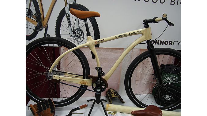 Chris Connor makes his bikes out of white ash, but this frame made from Louisville Slugger billets is heading for the Slugger museum. The bike's saddle is made from Slugger mitt leather with baseball stitching.