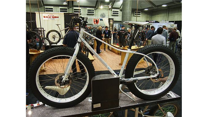 Erik Noren of Peacock Groove showed a 24-inch fat bike with one-off Hed rims. “Current fat bikes are really big — too big for many riders who like winter riding. Dropping down to a 24-inch rim, as you can see, not only makes the bike look like more fun, but it is just a better size for many riders,” he said.