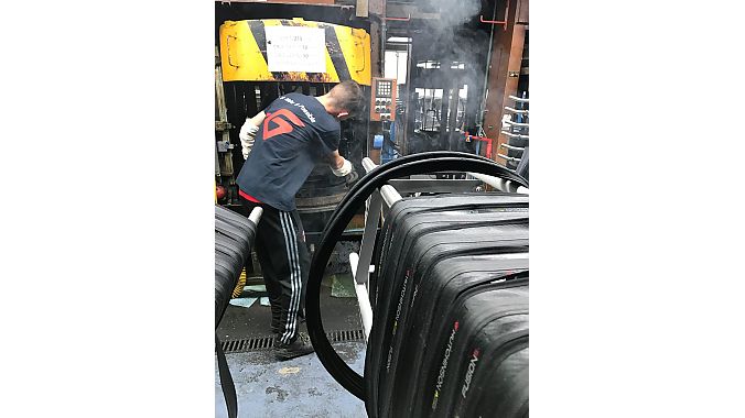 Hutchinson Fusion 5 tires waiting to be “baked”, or formed using heat and pressure, at the company’s factory in Montargis, France.