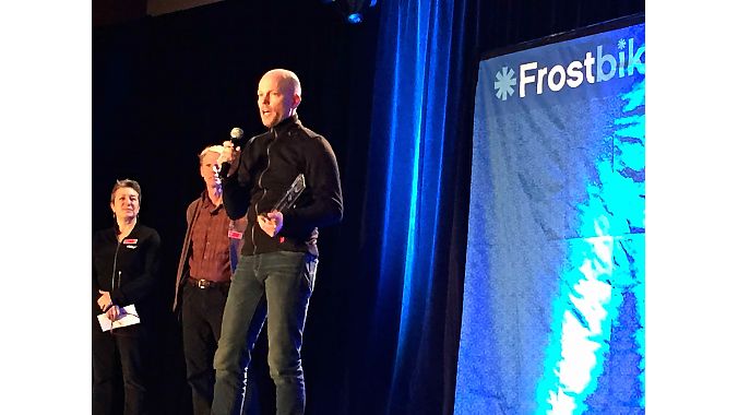 Kris Auer, owner of Twenty20 Cycling in Baltimore, accepted QBP's Londonderry award last night at Frostbike's opening dinner and reception. Acer was recognized for his efforts to level the playing field for female prize money in cyclocross racing. 