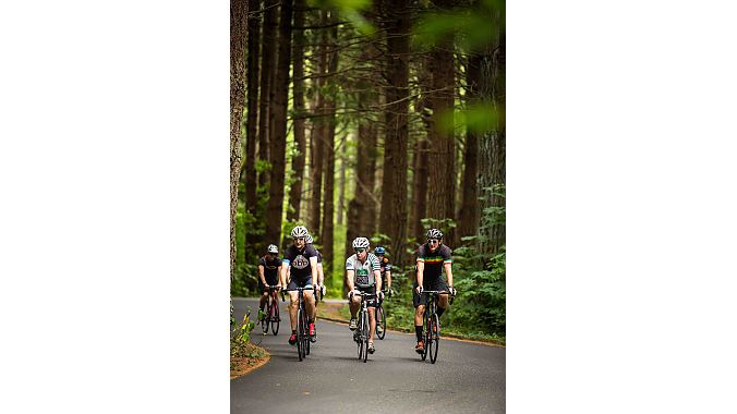 Road riding amongst the tall trees.