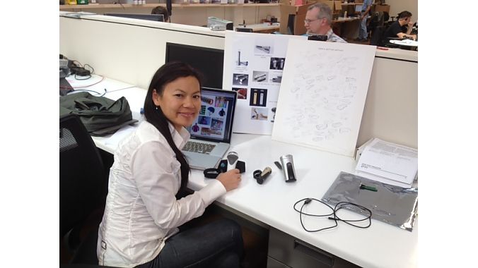 Designer Roxy Lo draws inspiration from inside and outside the bike industry, including her fashion experience (left). At right are preliminary concept sketches, with realized products on her desk.