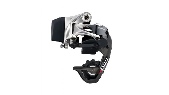 Red eTap rear derailleur with battery pack