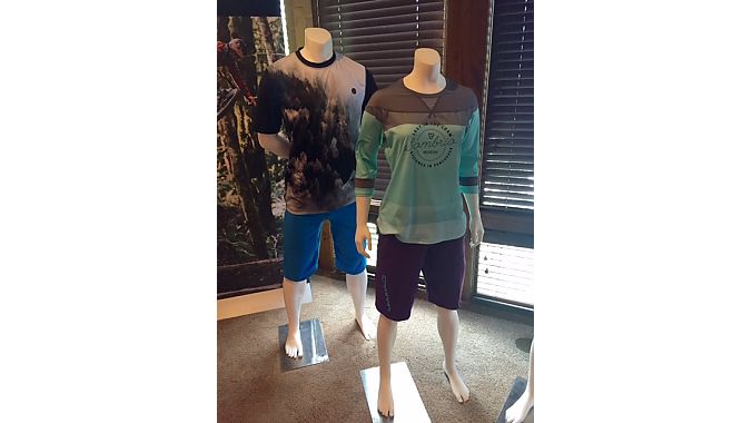 Sombrio showed the tree-print men's Renegade jersey and Badass short, which is new for 2017, (left) and the women's Noble jersey and best-selling Val short.