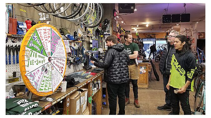 Several brands donated product, including bikes, to a raffle at 718.