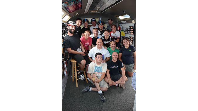 The Dealer Tour crew squeezes into the Airstream with Streamline partners Jesse Tonche (front left) and Brian Robbins (right front).