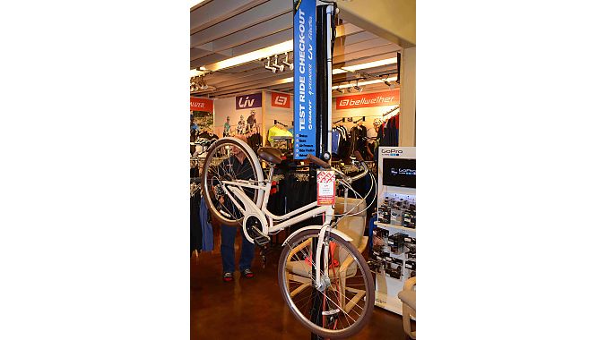 In a recent remodel, Wheel World installed a station for setting up demo bikes on the showroom floor, making it quick and easy to get people ready for test rides. 