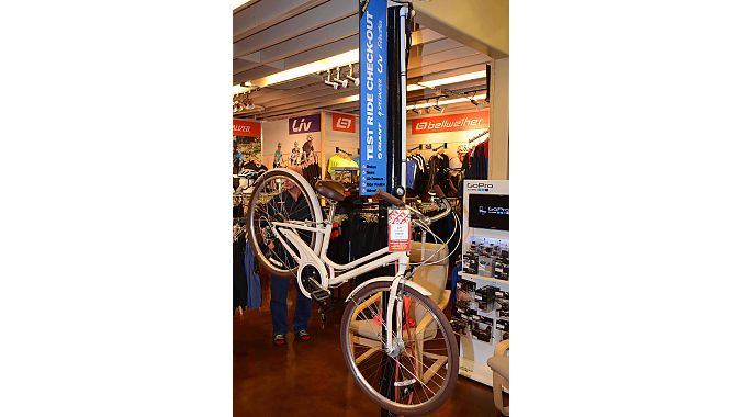 In a recent remodel, Wheel World installed a station for setting up demo bikes on the showroom floor, making it quick and easy to get people ready for test rides. 