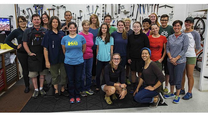 Barnett’s Bicycle Institute held its first women’s-only class in early August. Sixteen women who work at REI attended the two-week class. Susie Stevens, interviewed for this story, is pictured second from the right, second row from bottom.