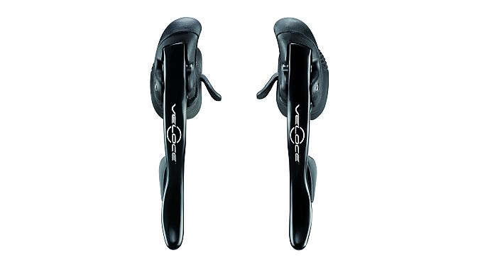 Veloce's aluminum Ergopower levers get the new angled thumbshifter as well. 