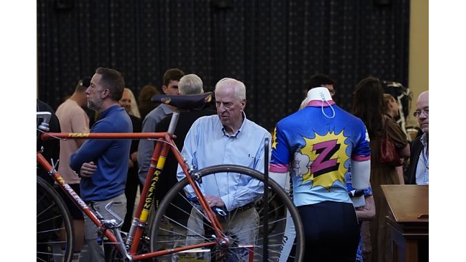 Rep. Thompson examines LeMond's Raleigh Ti. Courtesy of PeopleForBikes