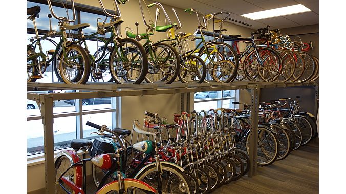 Some of the Hawkins family's bike collection in the lobby. Other bikes are scattered around the factory and hanging from its ceiling.