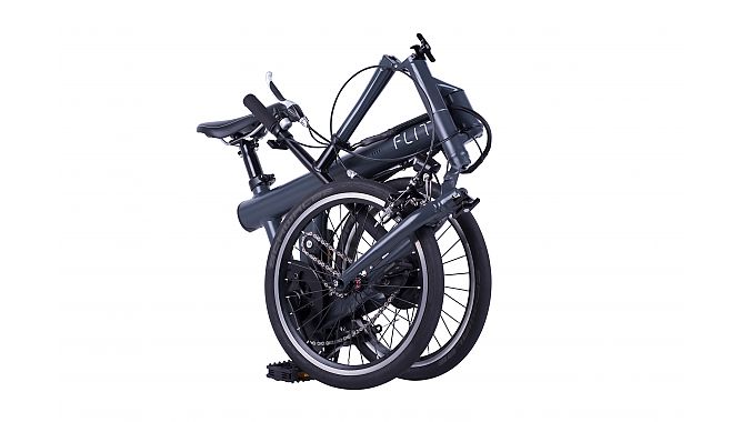 The Flit-16 is a 30.8-pound foldable commuter e-bike with a custom elastomer suspension and a 41.7-inch wheelbase.