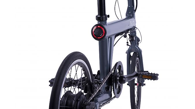 The Flit-16 is a 30.8-pound foldable commuter e-bike with a custom elastomer suspension and a 41.7-inch wheelbase.