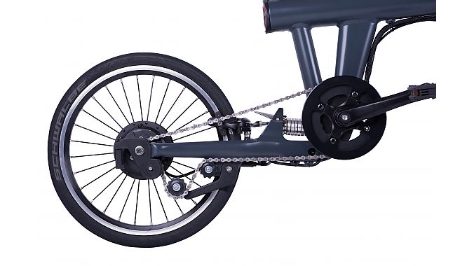 The Flit-16 is a 30.8-pound foldable commuter e-bike with a custom elastomer suspension and a 41.7-inch wheelbase.