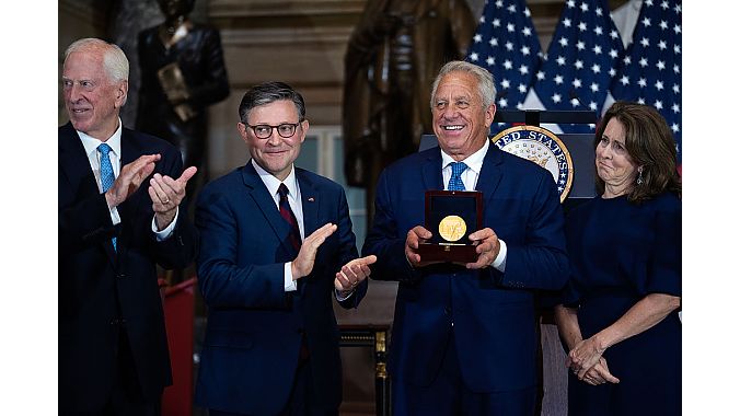(l to r) Rep. Thompson, Speaker Johnson, Greg LeMond and Kathy LeMond. Tom Williams/CQ-Roll Call, Inc via Getty Image