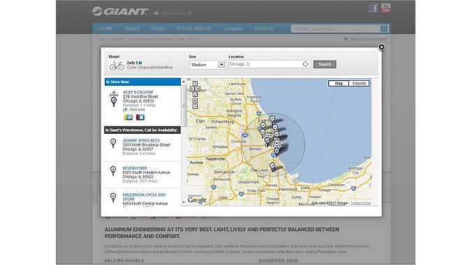  In this screen cap from Giant’s website, availability for the company’s popular Defy 5 road bike in a specific color combination is shown for dealers in the Chicago area, both in-store and in-warehouse.