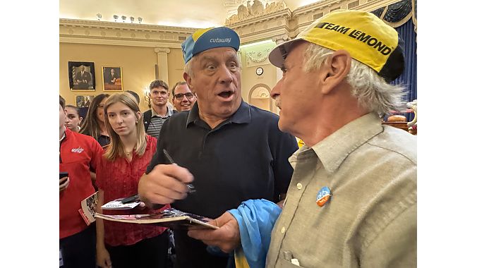 Greg LeMond and Larry Black at the July 8 expo in Washington. Photo courtesy of Larry Black
